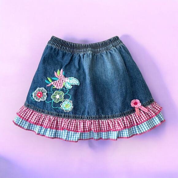 Oilily Embroidered Gingham Check Ruffled Denim Skirt, Size 98/ 3T-4T, Blue - Picture 1 of 9
